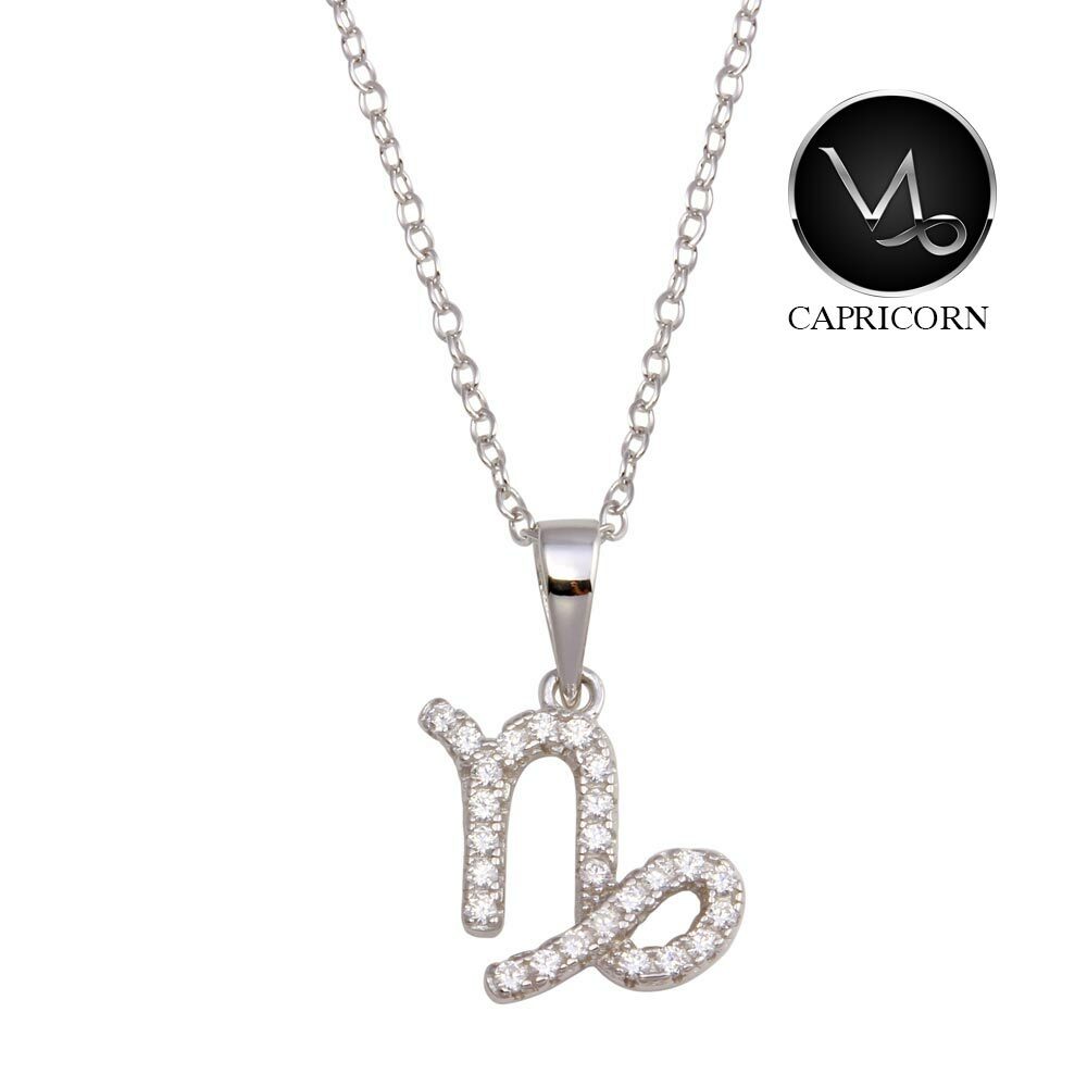 Sterling Silver 925 Capricorn Zodiac Necklace Horoscope Symbol CZ