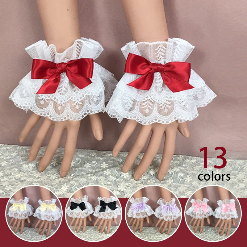 Women Sweet Lolita Hand Wrist Cuffs Bowknot Lace Trim Maid Cosplay  Accessories