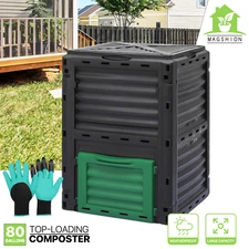 80 Gallon Outdoor Compost Bin [SNAP-ON TOP LID+GLOVES] Barrel Composter Tumbler