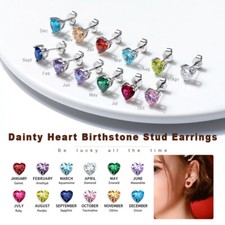 Birthstone Heart Shape CZ Earrings Studs 925 Sterling Silver Personalized Gifts