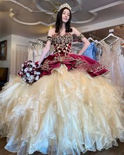 Burgundy/Gold Quinceanera Dresses Ruffles Floral Puffy Ballgown Prom Quince Gown