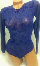 new mesh sheer blue mesh bodysuit stretch top S long sleeve thong leotard