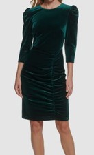 Vince Camuto Women's Green Velvet Ruched 3/4 Sleeve Bodycon Dress Size 14