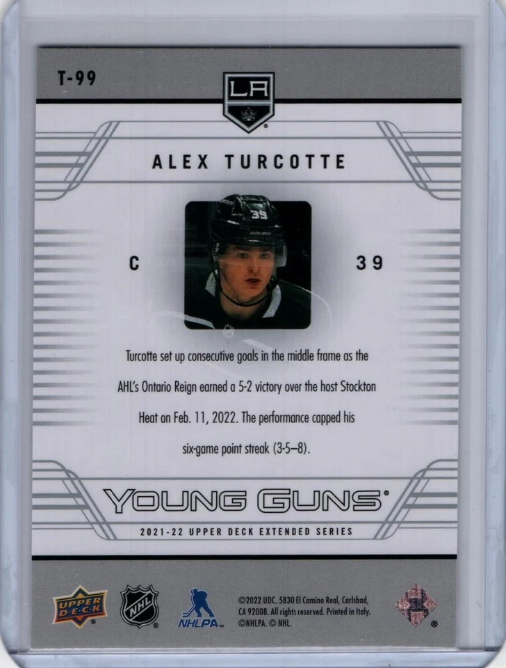 2021-22 Upper Deck Extended Series 06-07 Retro Young Guns T-99 Alex Turcotte RC - Image 2 of 2