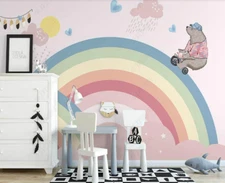 3D Bear Rainbow Bike Kids Pink Self-adhesive Removeable Wallpaper Wall Mural