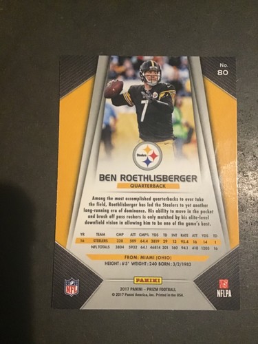 2017 Prizm Football Ben Roethlisberger Base Card Pittsburgh Steelers - Picture 2 of 4