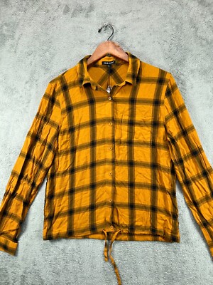 NWT Dear John Womens Medium Shirts Crinkle Yellow Plaid Button Up Long Sleeve