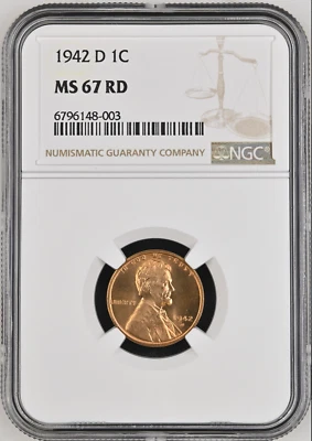 Grade MS 67 NGC 1942 Year Lincoln Wheat US Small Cents (1909-1958