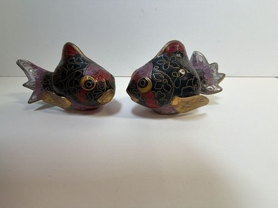 Vintage Cloisonné Enamel Goldfish Figurine Pair