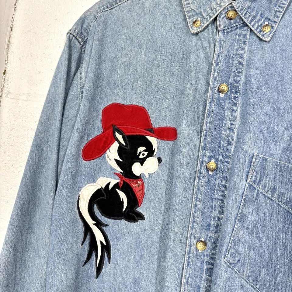 Vintage 90s Cowboy Skunk Denim Bandana Button Down Western Shirt - Image 4 of 4