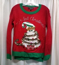 33 Degrees Cat Christmas Sweater Women's XS Red Garland Ornaments & Sequins Ugly