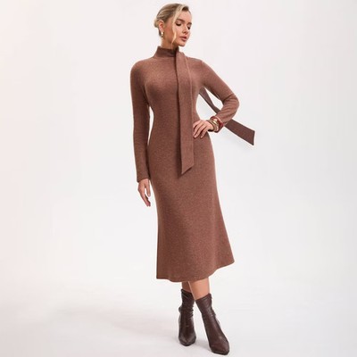 Women's Long Sleeve Fishtail Midi Sweater Dress - A New Day Brown M