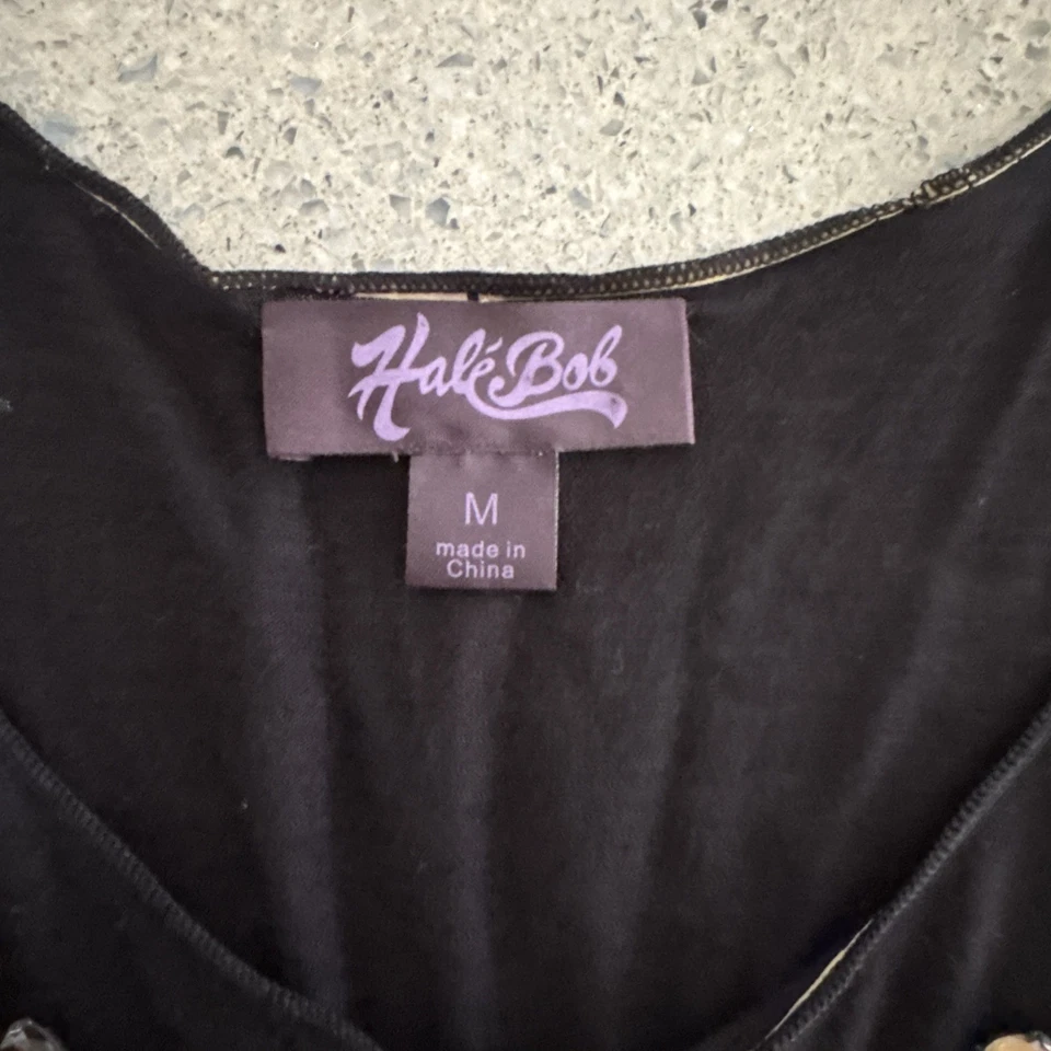 Camiseta sin mangas Hale Bob negra adornada dobladillo damasco boho mediana M Foto 3 de 3