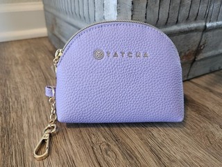 Tatcha Purple Faux Leather Small Zip Cosmetic Pouch Keychain NEW