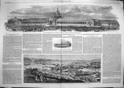 Original alter antiker Druck 1862 Paris Winter Gardens Hafen Dunedin Otago