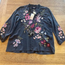 Johnny Was Gray SMALL Georgiana Field Blouse Long Sleeve Top Embroidered 318