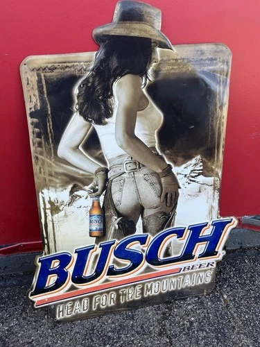 Vtg Busch Beer Sexy Cowgirl Sign Tin Tavern Bar Collectible Large Arizona Pickup