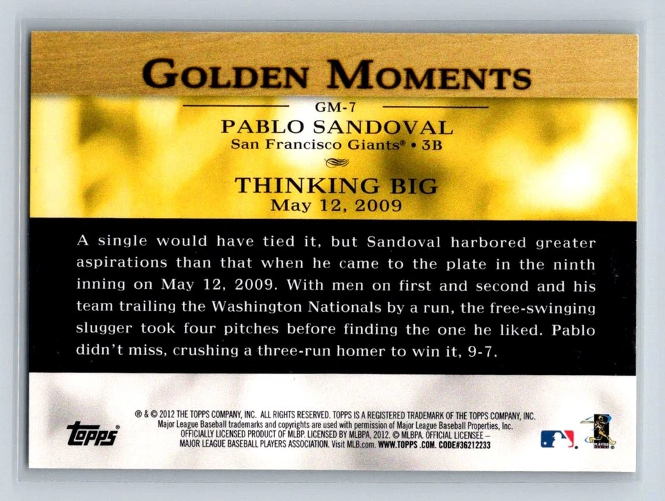 2012 Topps #GM-7 Pablo Sandoval San Francisco Giants - Image 2 of 2