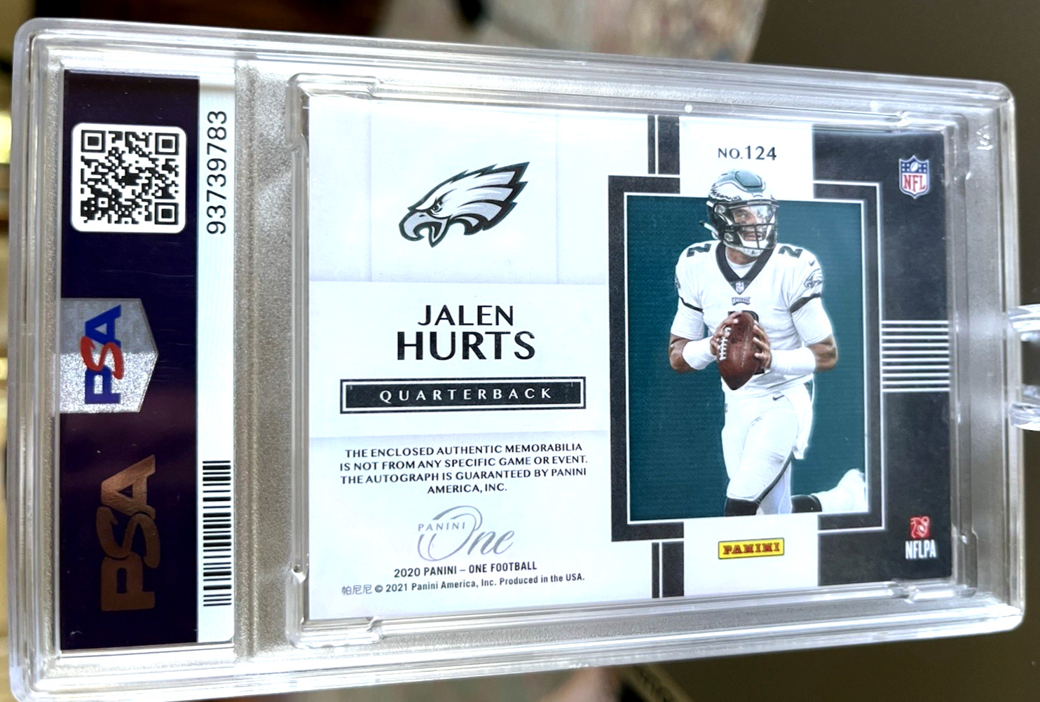 Jalen Hurts 2020 Panini One Football RPA /35  #124 ON CARD AUTO 4 COLOR PSA 8 view 4