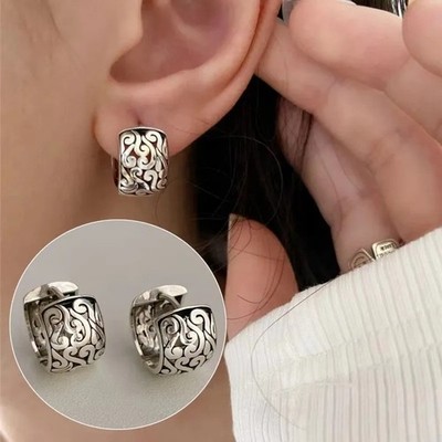 925 Sterling Silver Texture Flower Earrings For Women Gothic Trendy Simple Retro