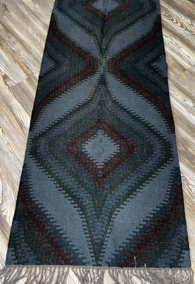 "Alfombra West Elm Katana Kilim 2,5 X 7"" azul Ming mezcla geométrica de lana" Foto 2 de 4