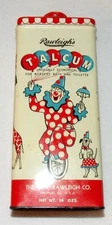 VINTAGE RAWLEIGH'S TALCUM POWDER TIN CIRCUS CARNIVAL CLOWN THEMED 98% FULL NICE