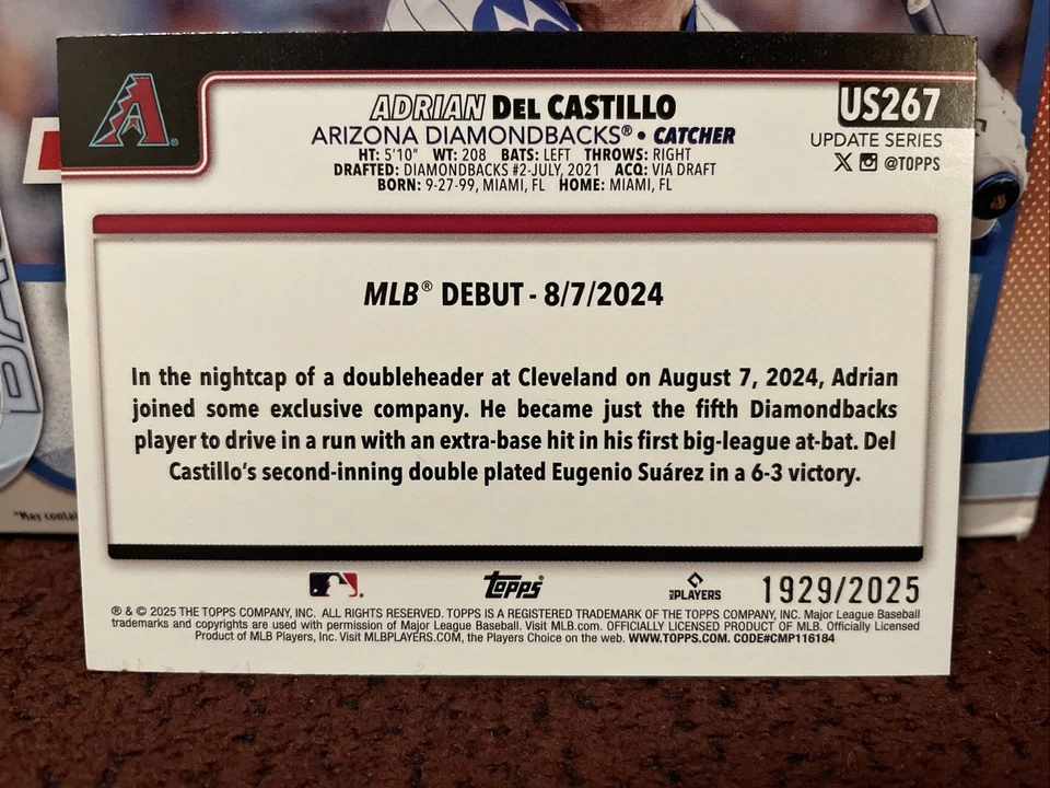 2025 Topps Update Adrian Del Castillo US267 Rookie Debut Gold /2025 Diamondbacks - Image 2 of 2