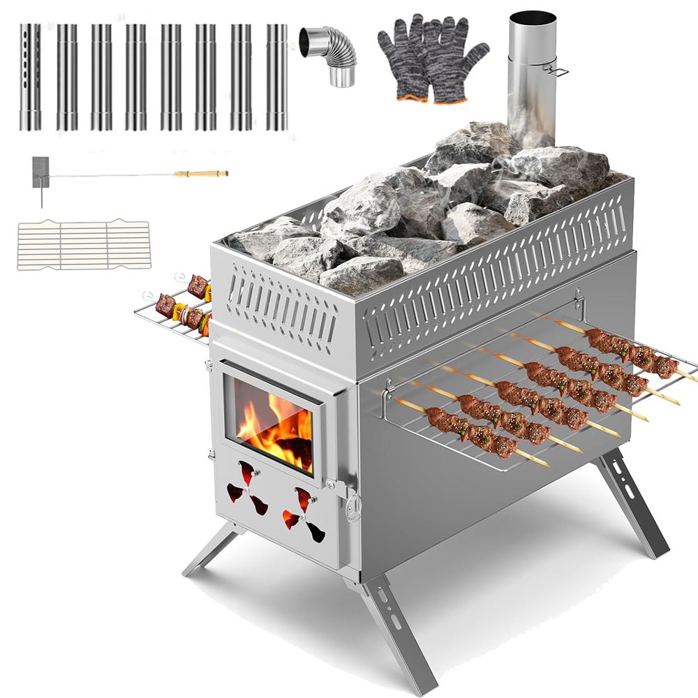 MOPHOTO 2 en 1 Sauna Tienda Caliente Estufa Estufa de Quema con Caja de Piedra 8 Tubos de Chimenea