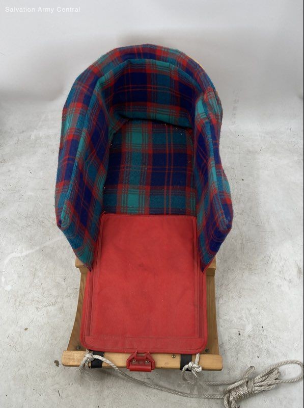Vintage Multicolor Plaid Cushioned Seat And Red Foot Area Wooden Snow Sled