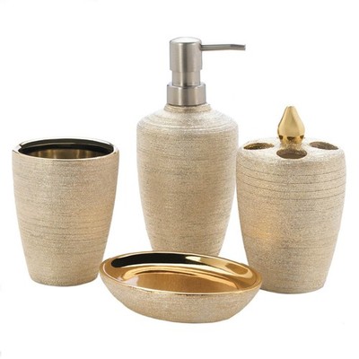 Porcelain Bath Accessory Set, 3.375x3.375x7.125, Golden Shimmer, 4 Piece