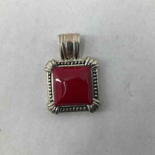 Sterling Silver Red Square Faux Gem Charm Necklace Pendant - Picture 1 of 3