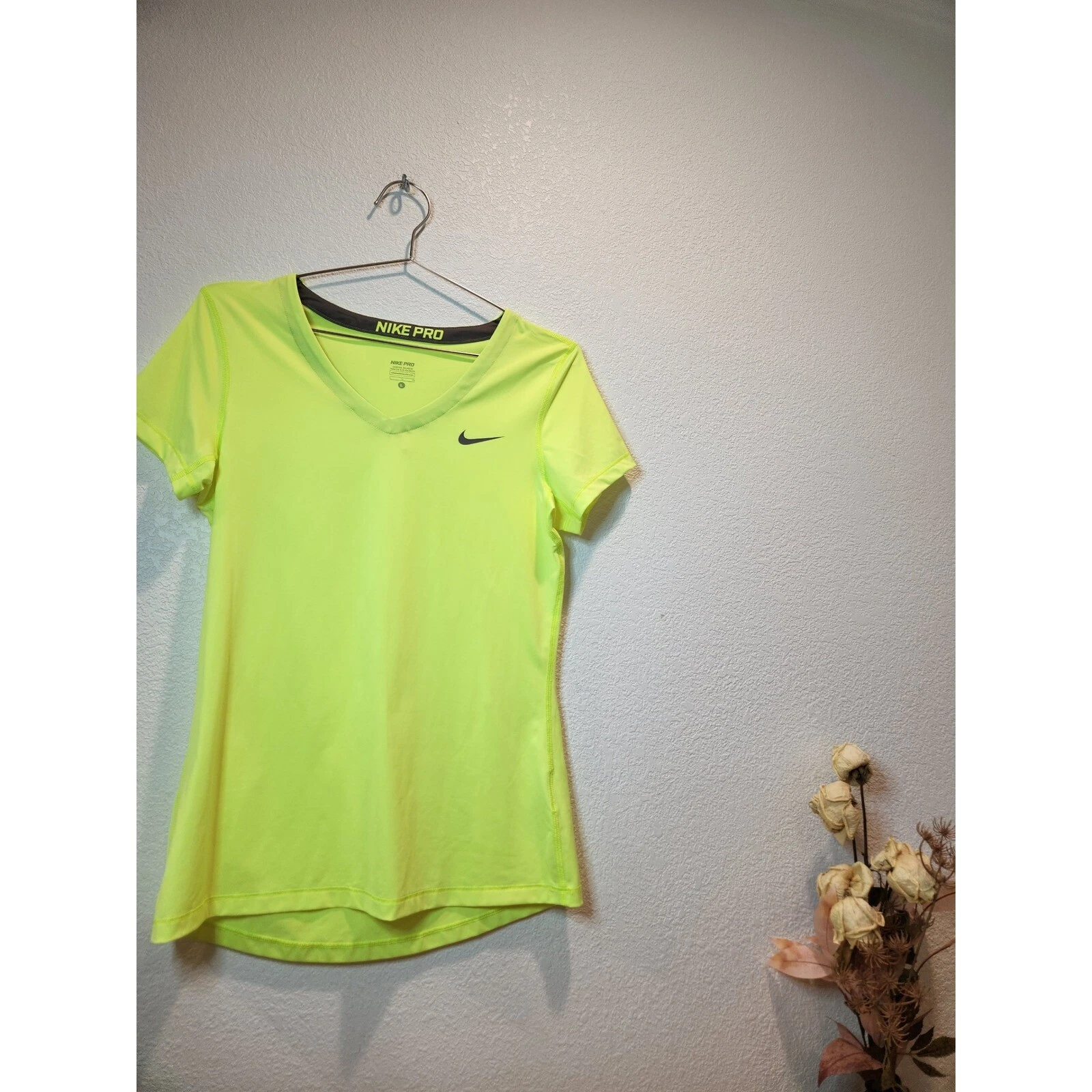 Nike Pro Dri-FIT V-Neck Training Top Neon Yellow Athletic Shirt Large