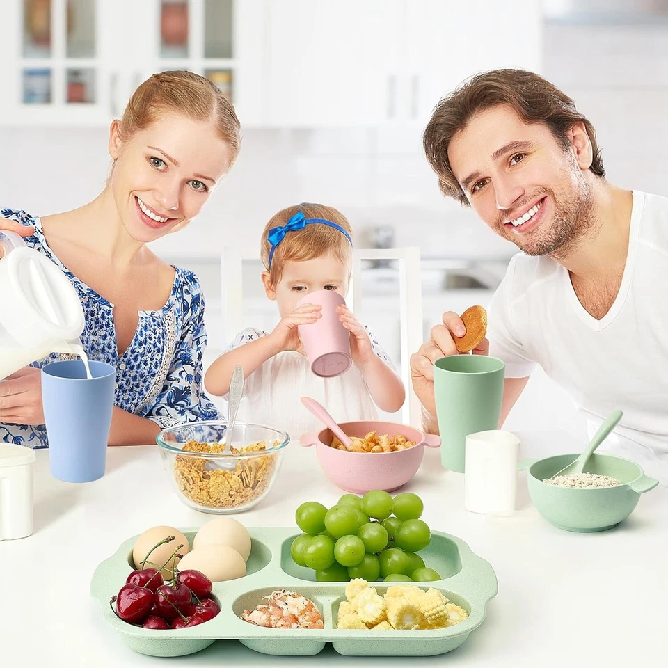 24 Pcs Wheat Straw Dinnerware Set with Plates Bowls Cups Cutlery BPA Free - Image 2 of 4