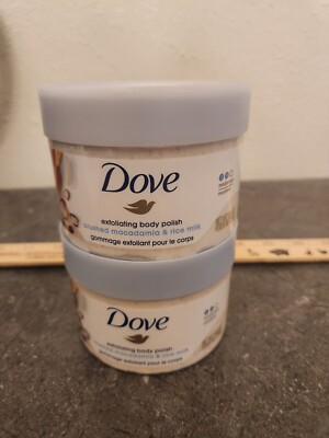 2 Dove Exfoliating Body Polish Macadamia and Rice Milk Body Scrub, 10.5 oz