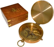 Large 4" Brass Compass & Rosewood Storage Box, Fully Functional, Nautical Pirate