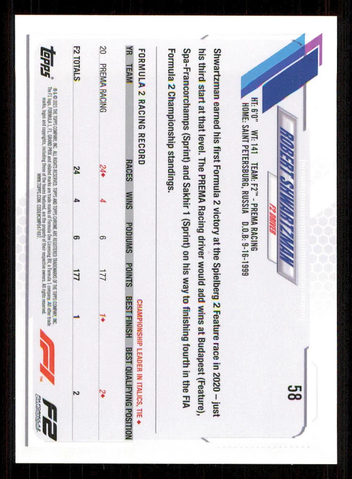 2021 Topps Chrome Formula 1 #58 Robert Shwartzman FS - Image 2 of 2