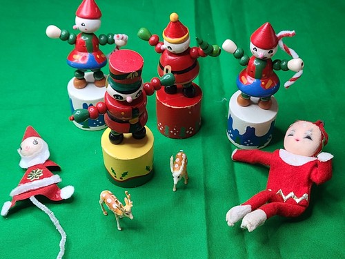 VTG Xmas lot 2 felt Santa, elf Pixi, 4 Wood Handpainted push puppets 2 mini deer - Picture 2 of 14