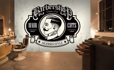 Papier Peint 3D Salon De Coiffure - Motif Coupe De Cheveux Et Panda, Autocollant, Design Coloré