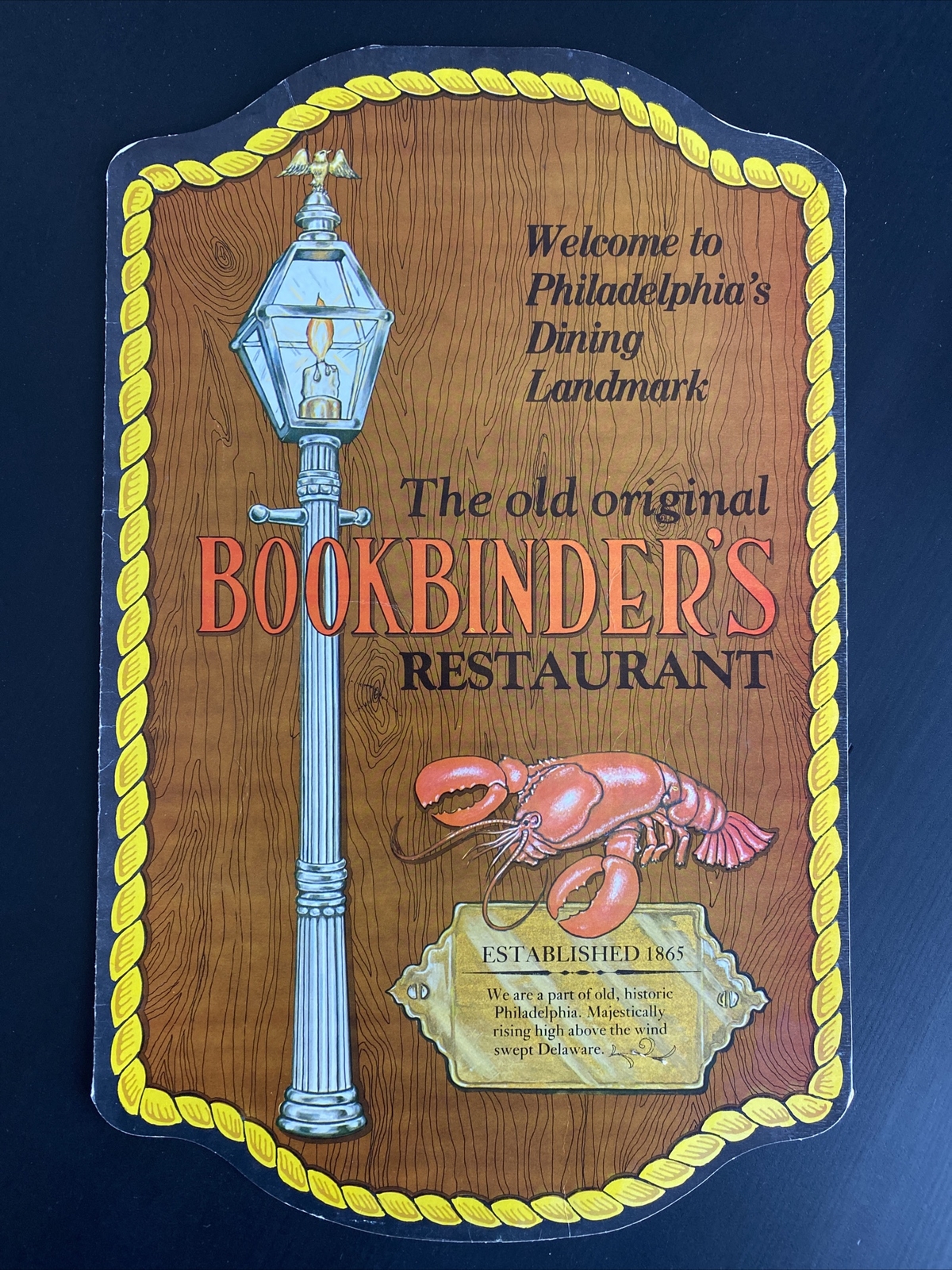 VTG Menu "ORIGINAL BOOKBINDER'S RESTAURANT" PHILADELPHIA JOHN ALBERT