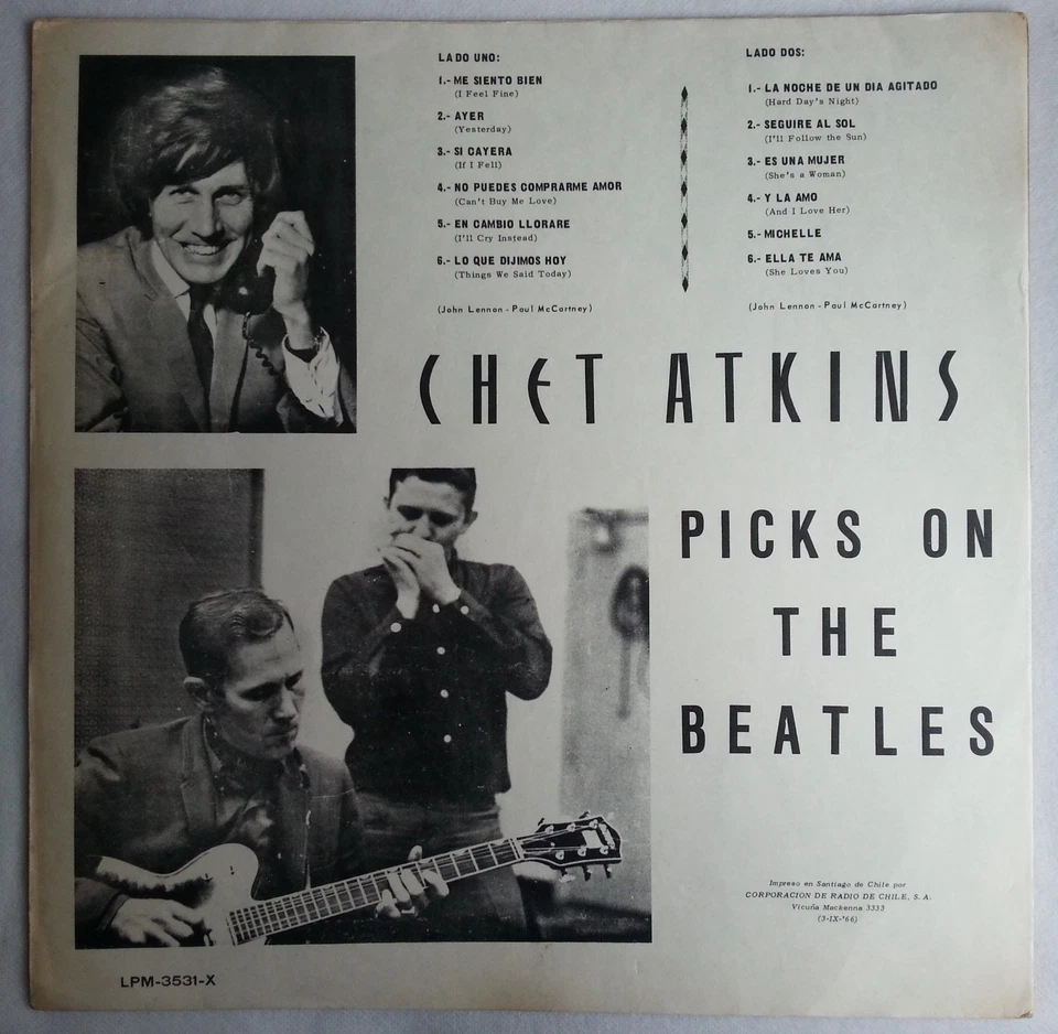 CHET ATKINS PICKS ON THE BEATLES 1966 UNIQ CVR UNIQ ERROR MEGARARE CHILEAN PRESS - Image 3 of 4