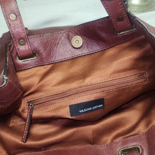 WILSONS LEATHER Brown Leather Snap Top Tote Shopper Bag - Picture 9 of 11