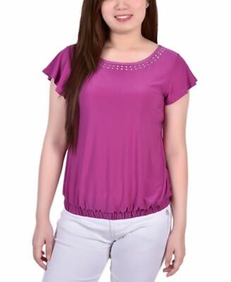 Petite Size Short Flutter Sleeve Top With Studded Neckline Magenta SZ PXL