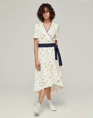 ME+EM Cream faux wrap dress UK16, navy trim, wedding guest | eBay