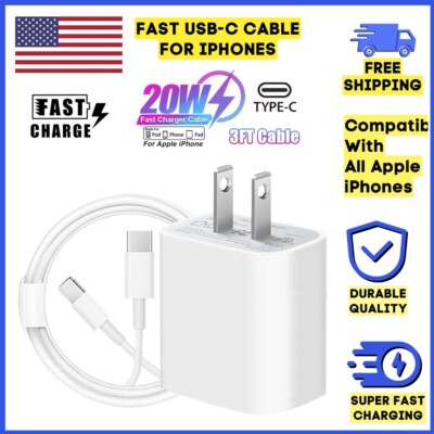 20W USB-C Fast Charger PD Adapter+3ft Cable For iPhone8 11/12/13/14 XR Pro iPad