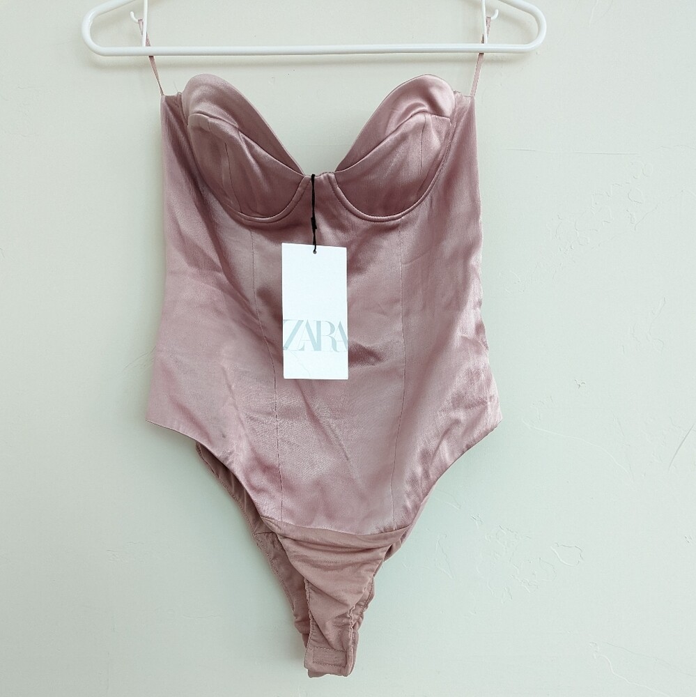 ZARA SATIN EFFECT BUSTIER BODYSUIT DUSTY ROSE PINK S,M,XL