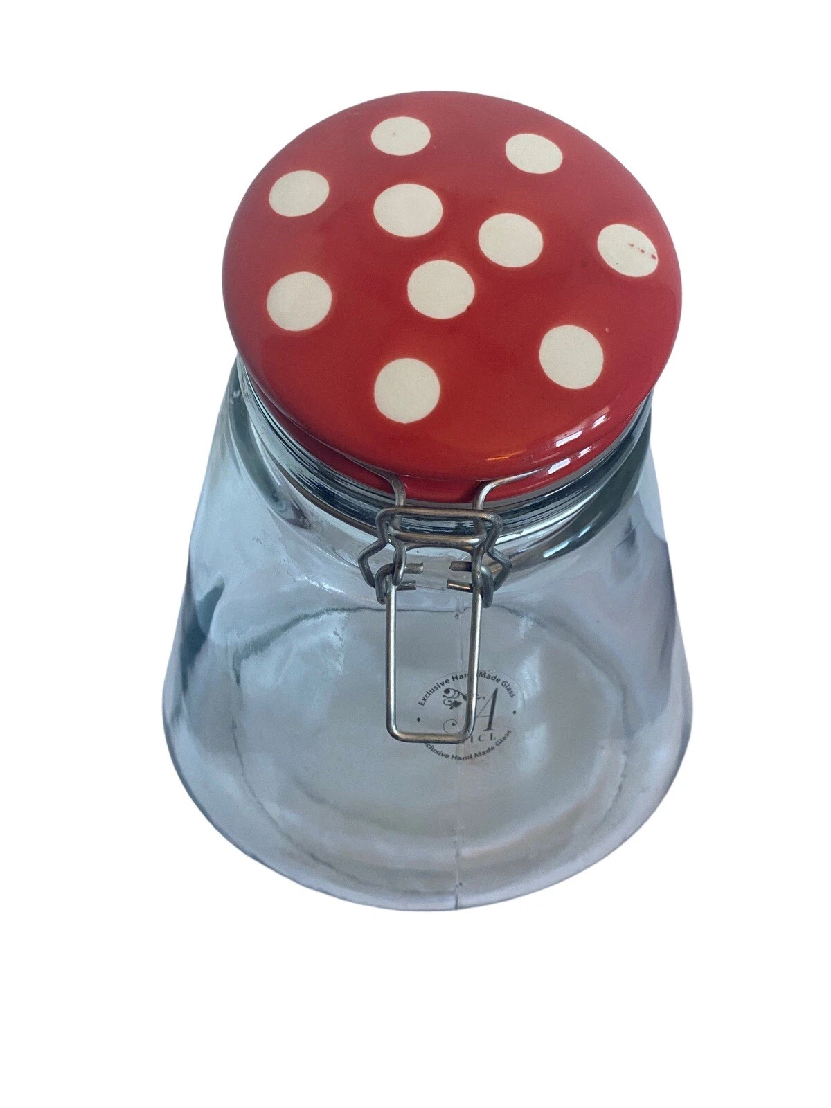 Amici Home Clear Glass Canister Hand Made Glass Angled Sloped Cookie Jar Red Top