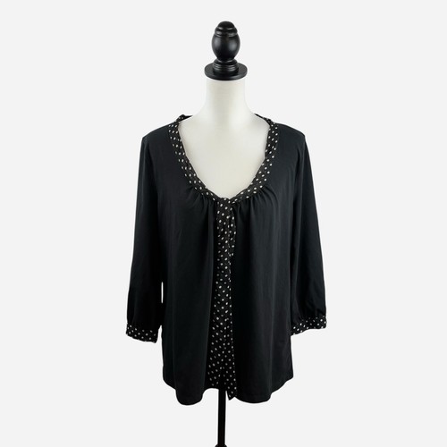 Jones New York Signature 3/4 Sleeve Blouse V-Neck Tie Front Polka Dot XL NEW