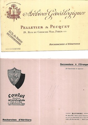 um 1930-1950. Genealogie. Zwei Lätzchen. Coutot.  Pelletier und Pecquet. Selten+++
