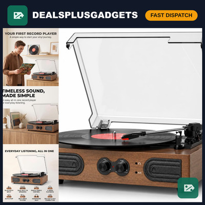 Vinyl Record Player with Dual Speakers, Bass & Treble Control, Walnut Finish