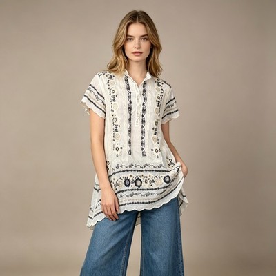 NWOT Johnny Was Floral Embroidered Top Tunic Shirt Blouse Size S
